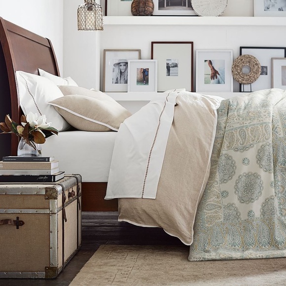 NWT Pottery Barn Belgian Flax Linen Contrast Flange Shams - Picture 2 of 9